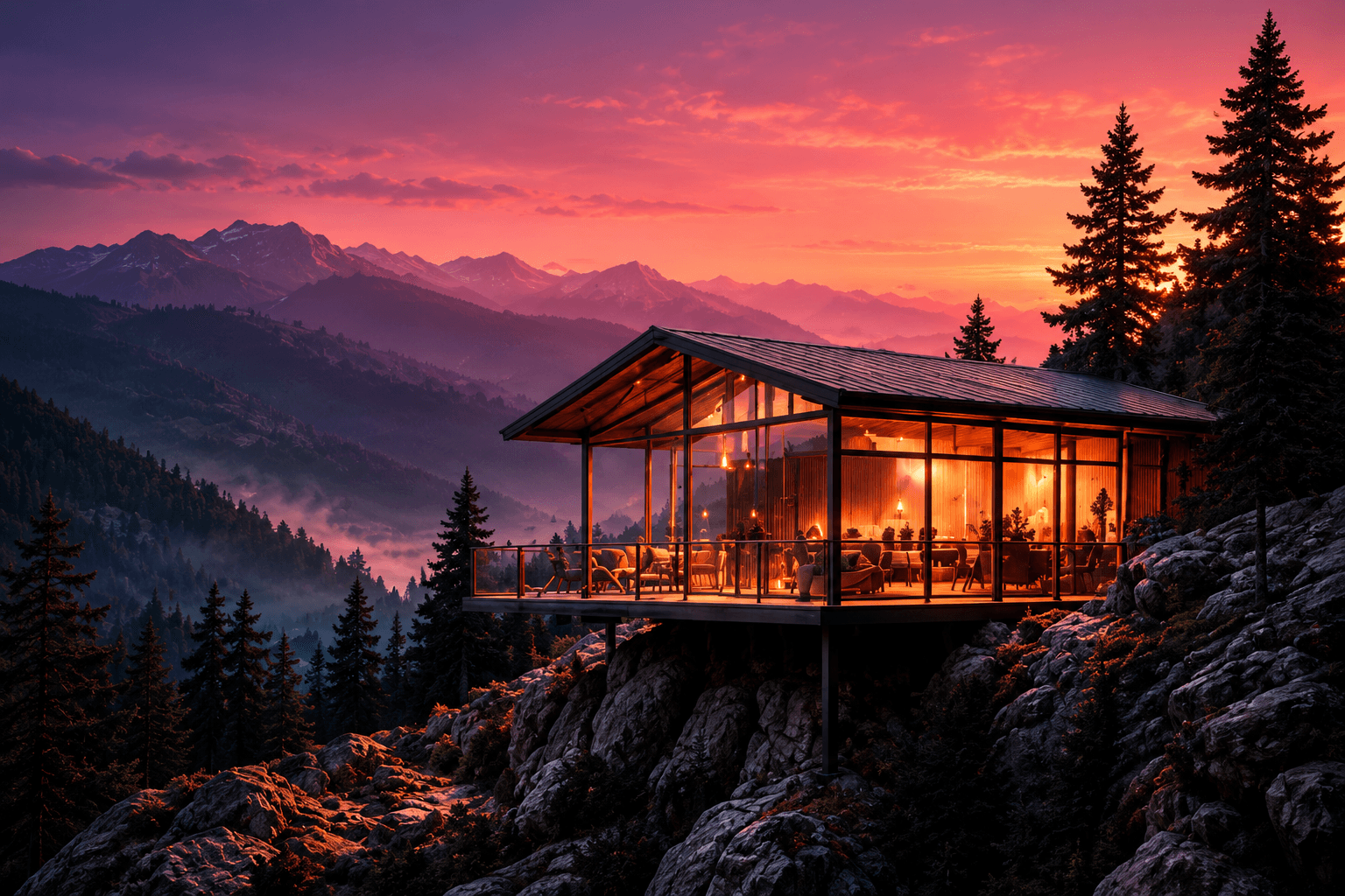A glass studio cabin lit up at sunset in the mountains